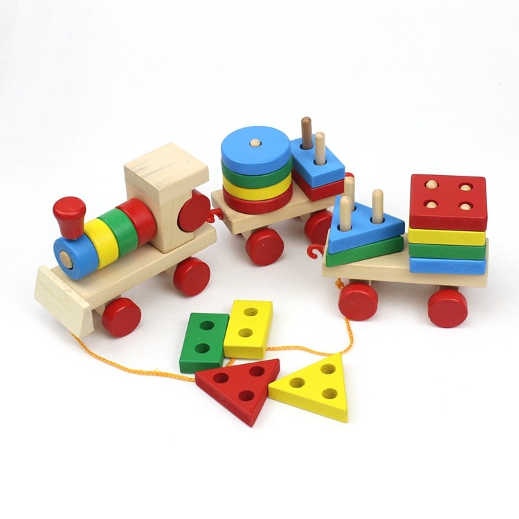 Tågset 2 vagnar - träleksaker m / lärande byggklossar