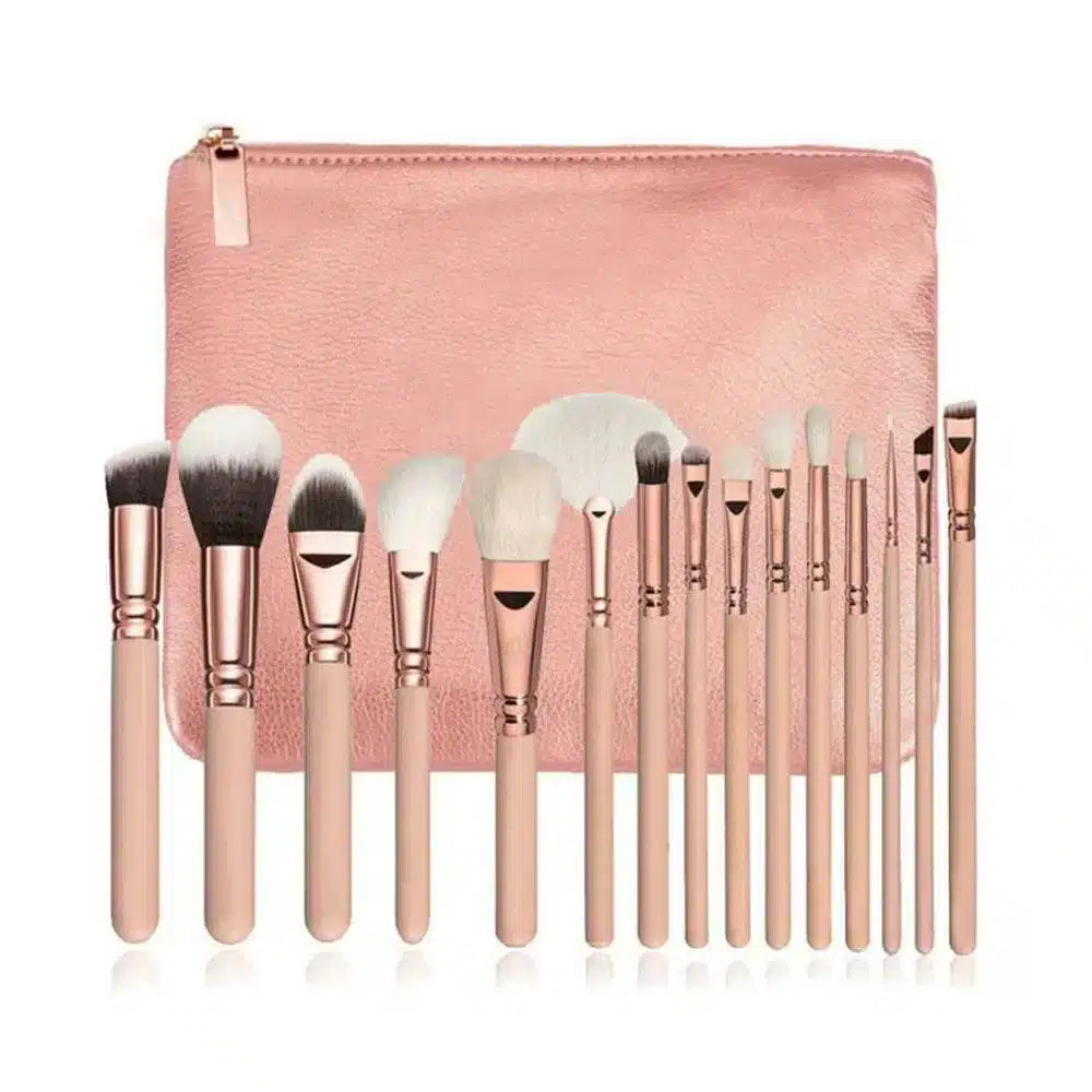 Sminkborstsats - 15 delar inkl. väska – Beige