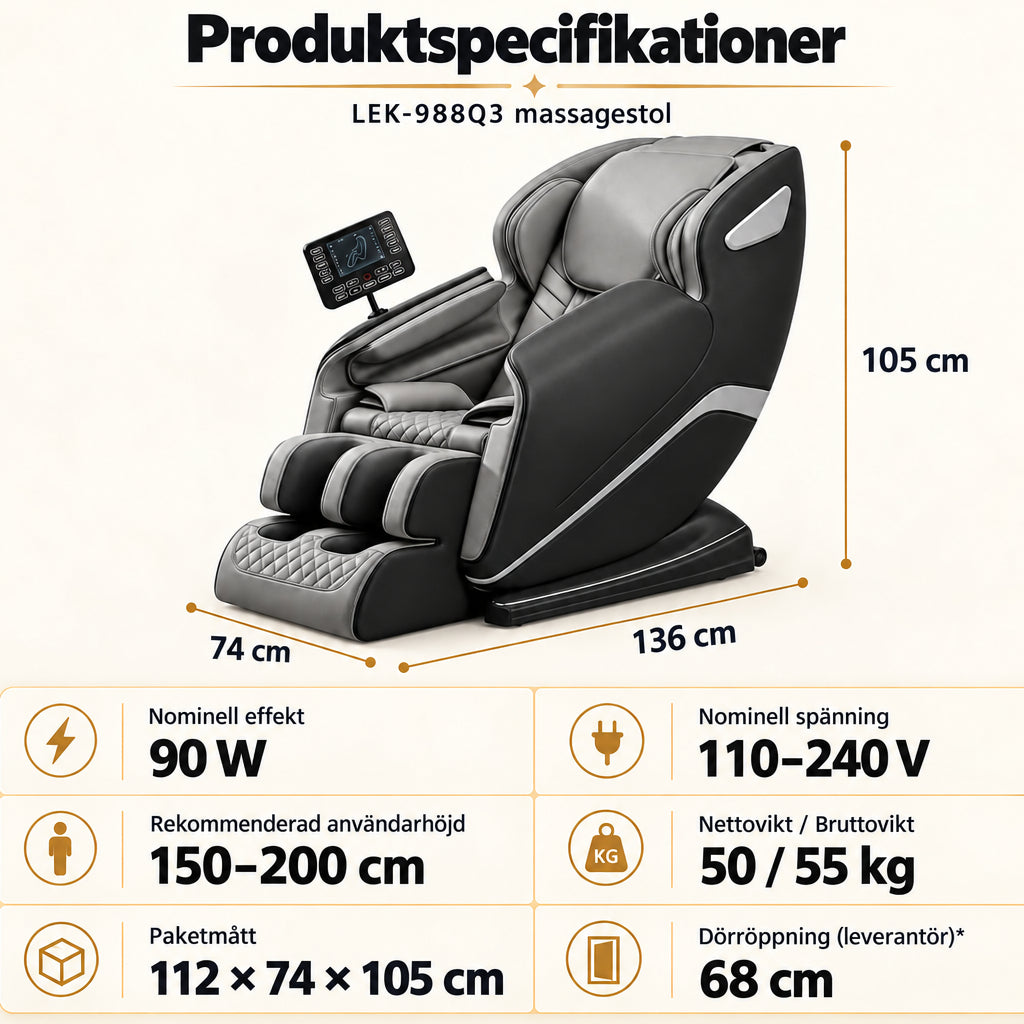 Massagestol 8D – Zero Gravity, lufttrycksmassage, värme för ländrygg och vader – Modell LEK-988Q3