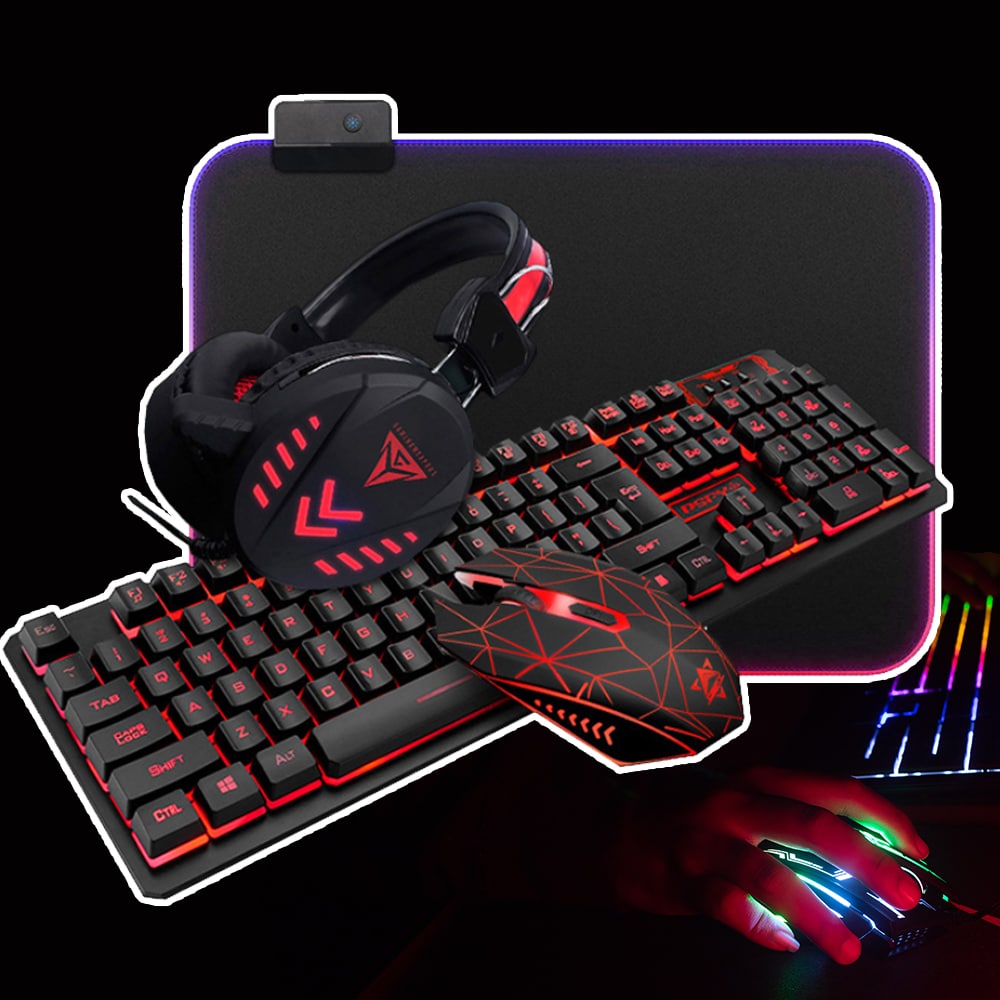 4-i-1 kvalitets gaming-set med tangentbord/mus/headset/musmatta