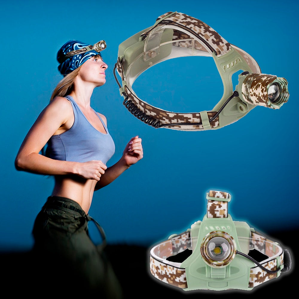 Pannlampa i kamouflagemänster - kraftfull m/3 inställningar