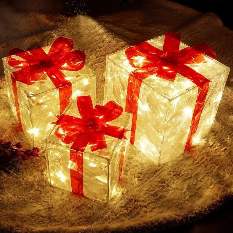 LED-presentlåda, Transparent med Röda Rosetter - Set om 3 -