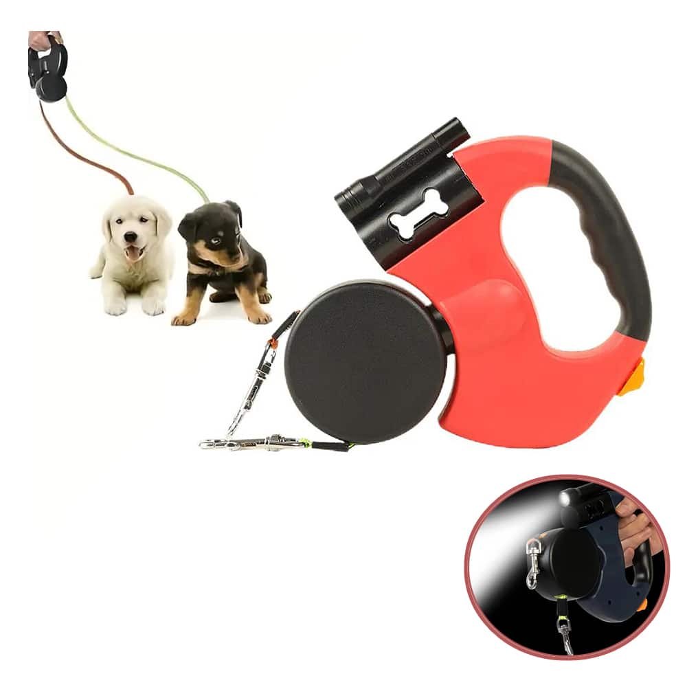 Dubbel Hundkoppel med Inbyggd LED-Belysning och Hundpåsehållare