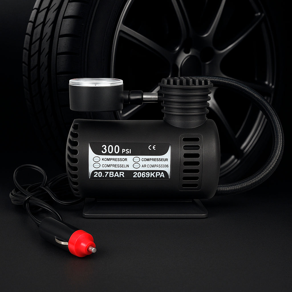 Kraftfull 300 PSI (20,7 bar) 12-voltskompressor – perfekt för bil, cykel, boll m.m.