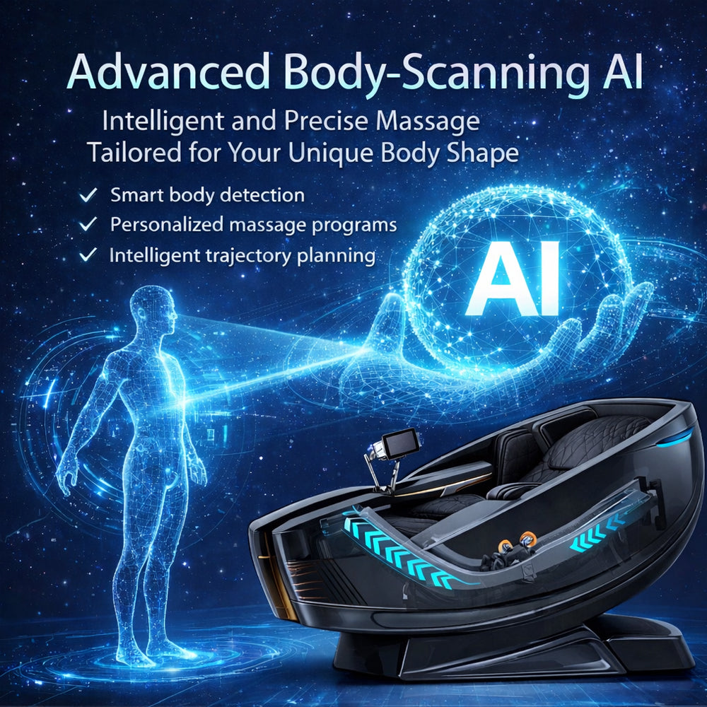 Massagefåtölj med 4D-kroppsscanning, Dual Zone Stretching, 32 airbags, värme i ländrygg/ben och Zero Gravity - Modell 988A