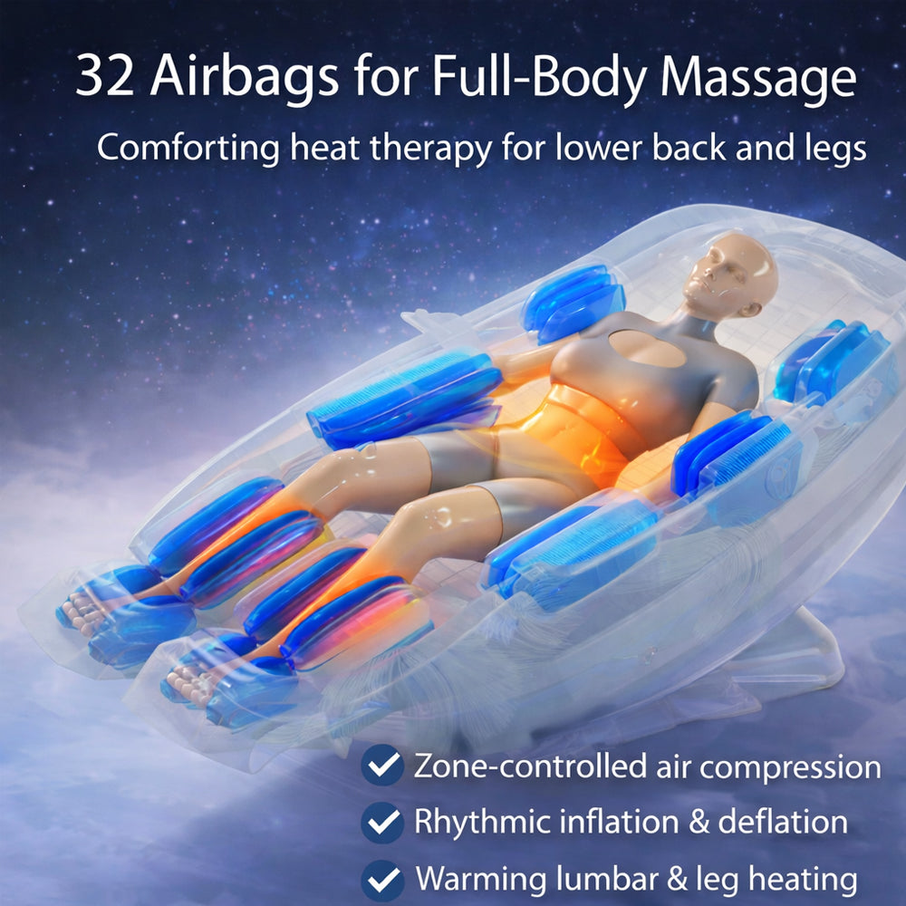 Massagefåtölj med 4D-kroppsscanning, Dual Zone Stretching, 32 airbags, värme i ländrygg/ben och Zero Gravity - Modell 988A