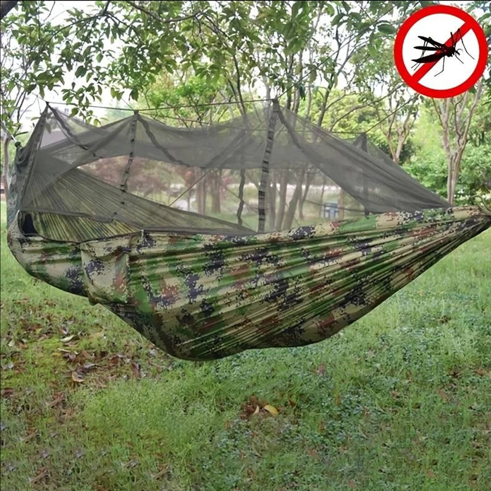 Hängmatta med myggnät (camouflage, orange-grå, rosa, grön eller svart)
