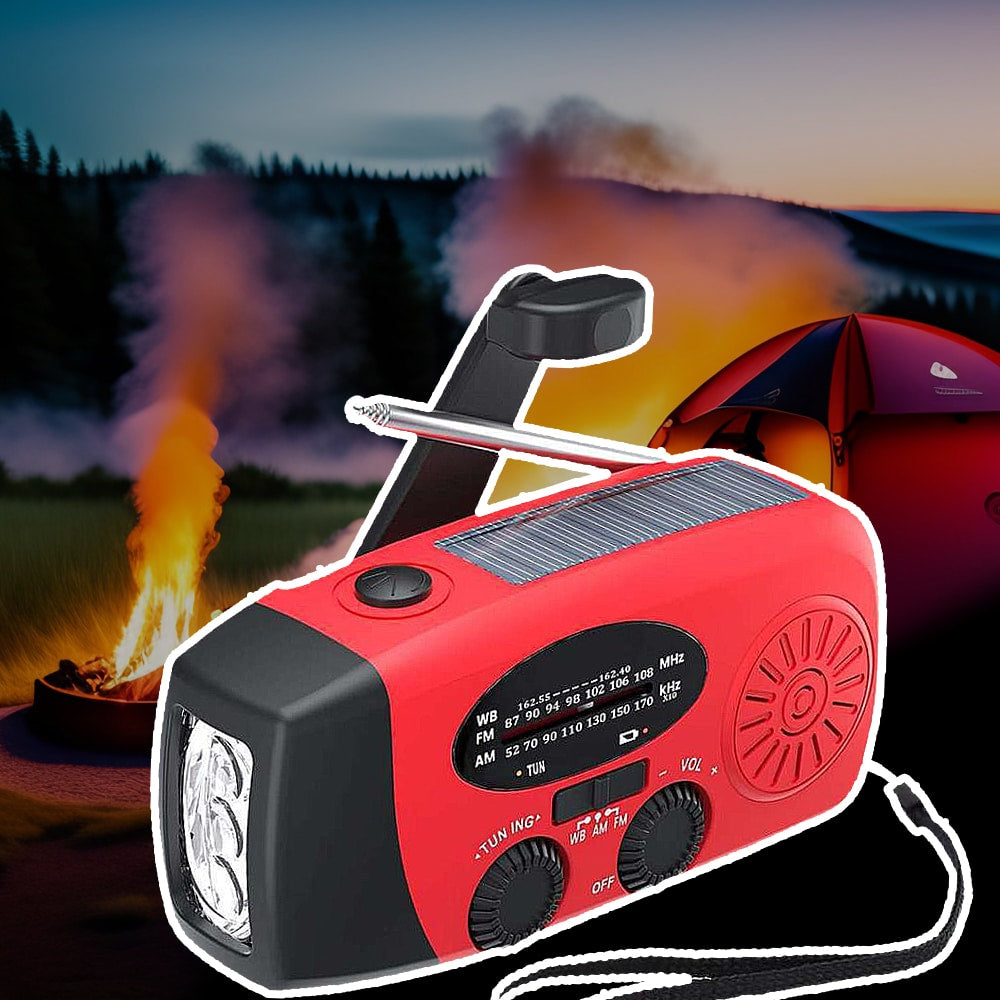 Nödradio FM/AM med inbyggda solceller, ficklampa, powerbank och vev