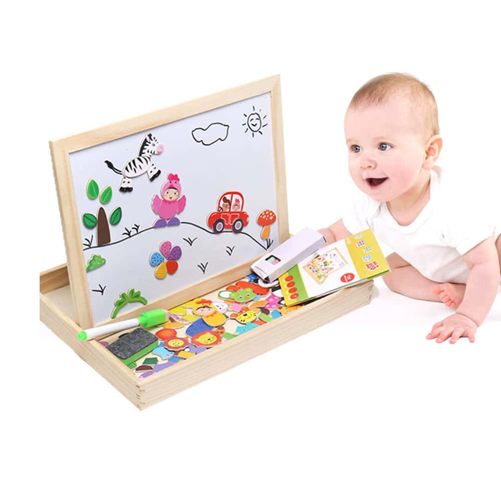 Magnetisk tavla av trä med whiteboard och krittavla