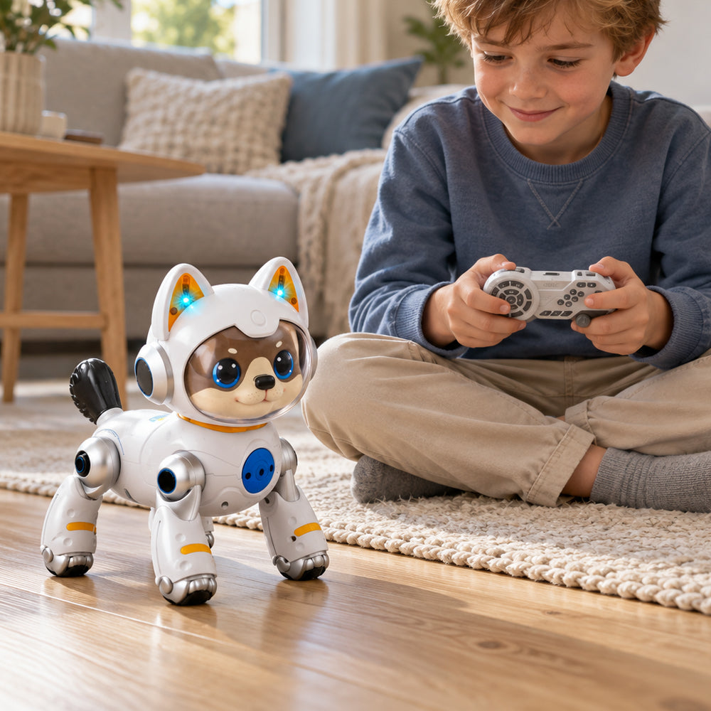 Fjärrstyrd robothund med ljus, musik och roliga trick