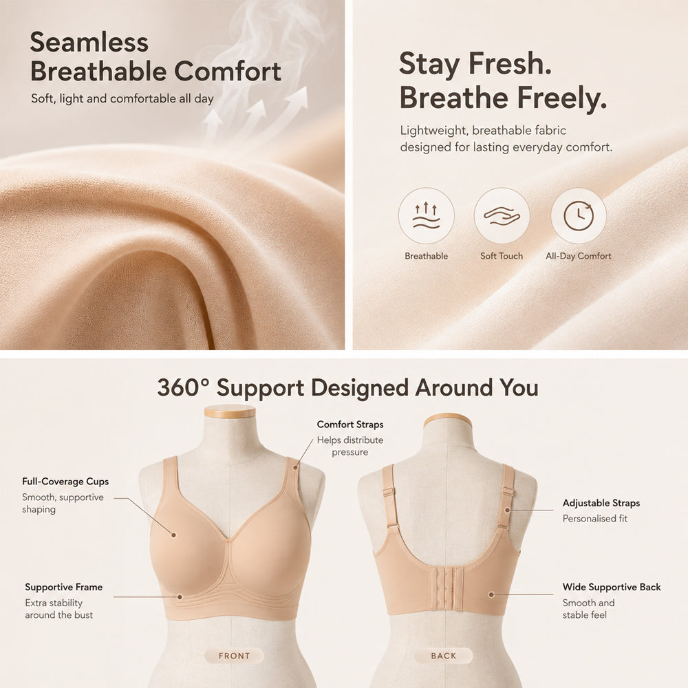 Sömlös bh med lätt stöd, 3-pack – utan byglar, svart, vit och beige