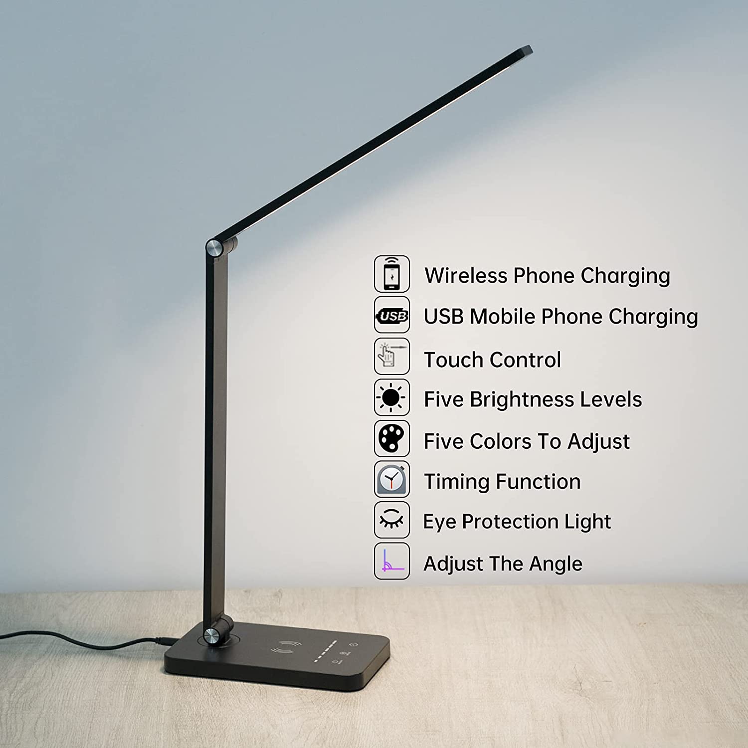 LED bordslampa / hopfällbar lampa med timer och trådlös laddare