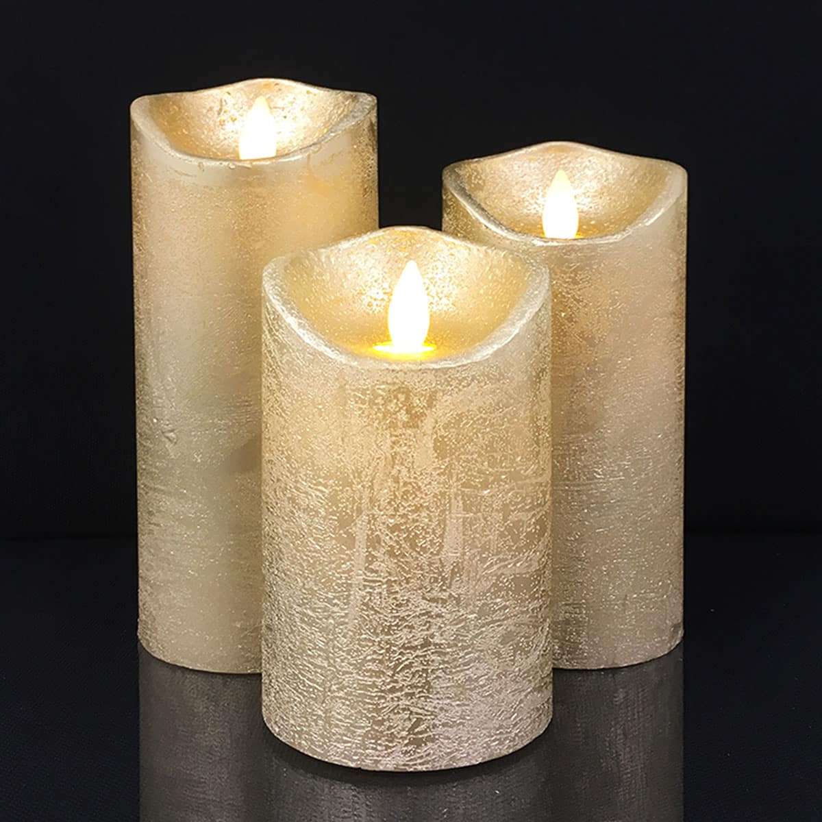 LED blockljus - rustikt - 3 st. - 10/12,5/15 cm - med 3D-låga - (flera färger)