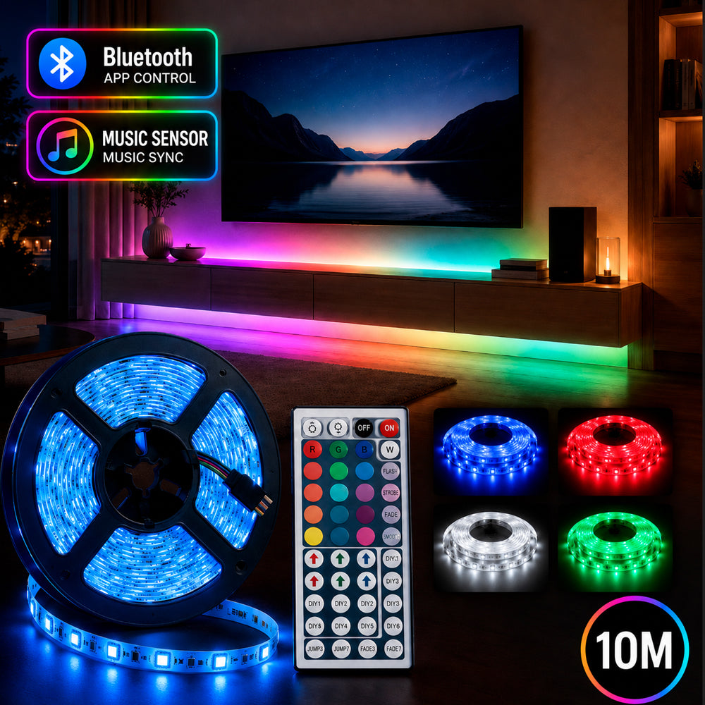 LED-ljuskedja 10 meter m/Bluetooth, musiksensor &amp; fjärrkontroll