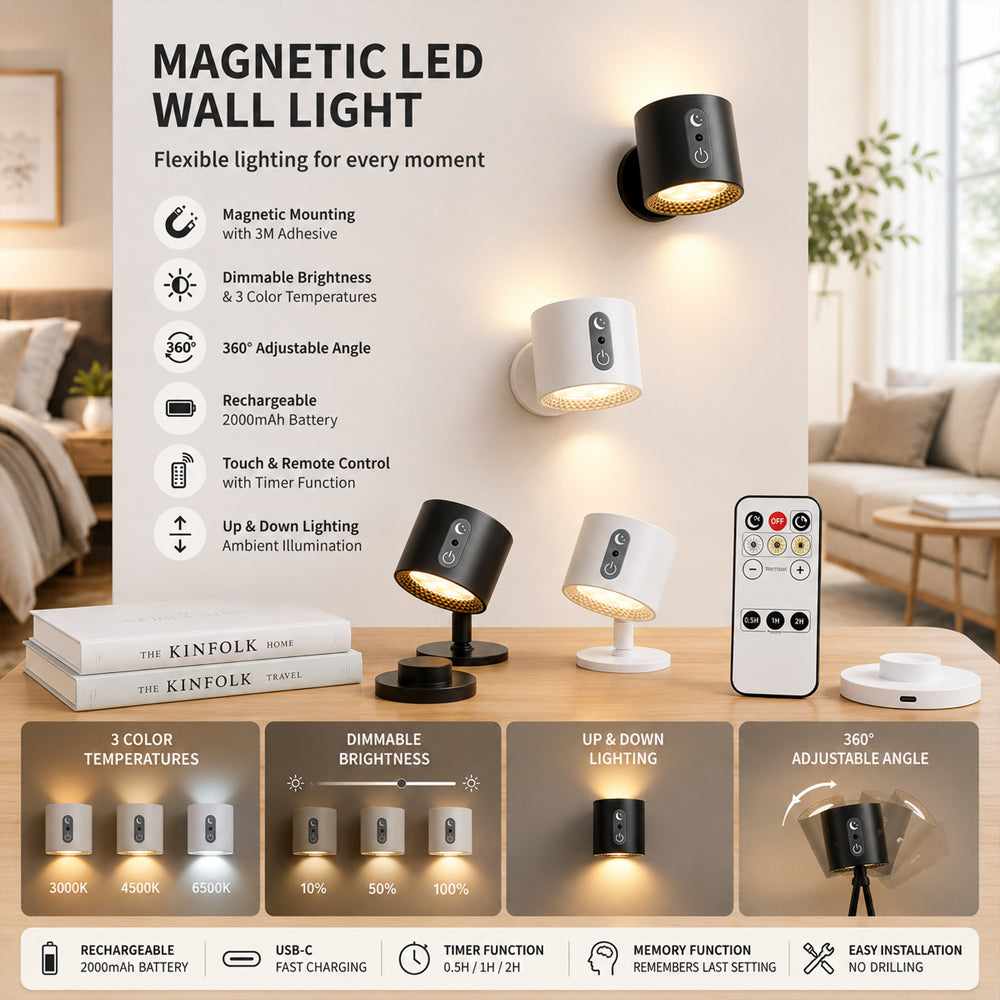 LED-nattlampa 360° roterbar, magnetisk, 3 färgtemperaturer – vit eller svart