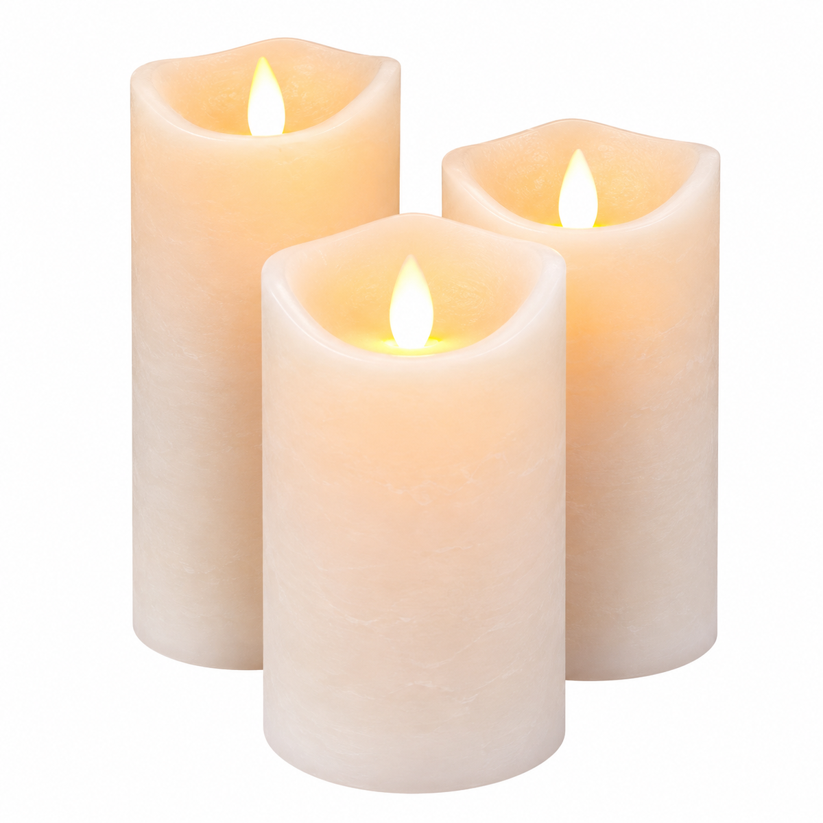 LED blockljus - rustikt - 3 st. - 10/12,5/15 cm - med 3D-låga - (flera färger)