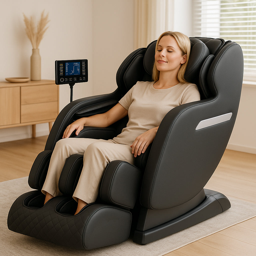 Massagestol 4D med SL-teknologi, lufttrycksmassage, värmeterapi och stor pekskärm – Modell A6 Svart