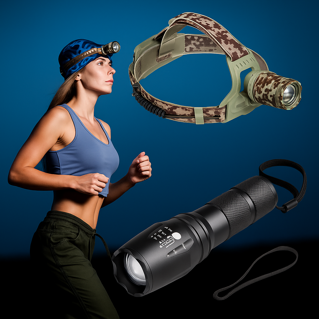 LED Bundle: kraftig pannlampa & vattentät taclight ficklampa