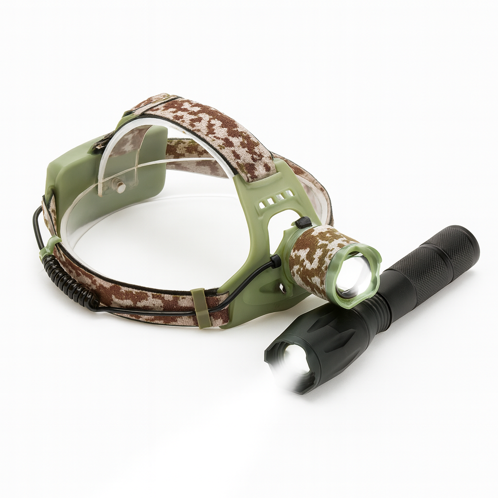 LED Bundle: kraftig pannlampa & vattentät taclight ficklampa