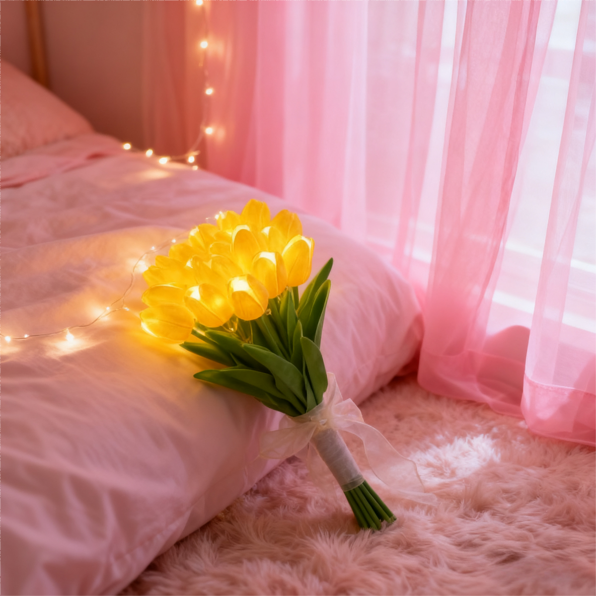 LED Tulpanbukett – 10 Vita Tulpaner med Varmt Stämningsljus