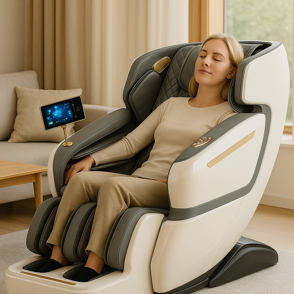 Massagefåtölj 4D Lyx Pro+ med SL-teknologi, Värmeterapi, Röststyrning & Pekskärm - Modell M5 vit