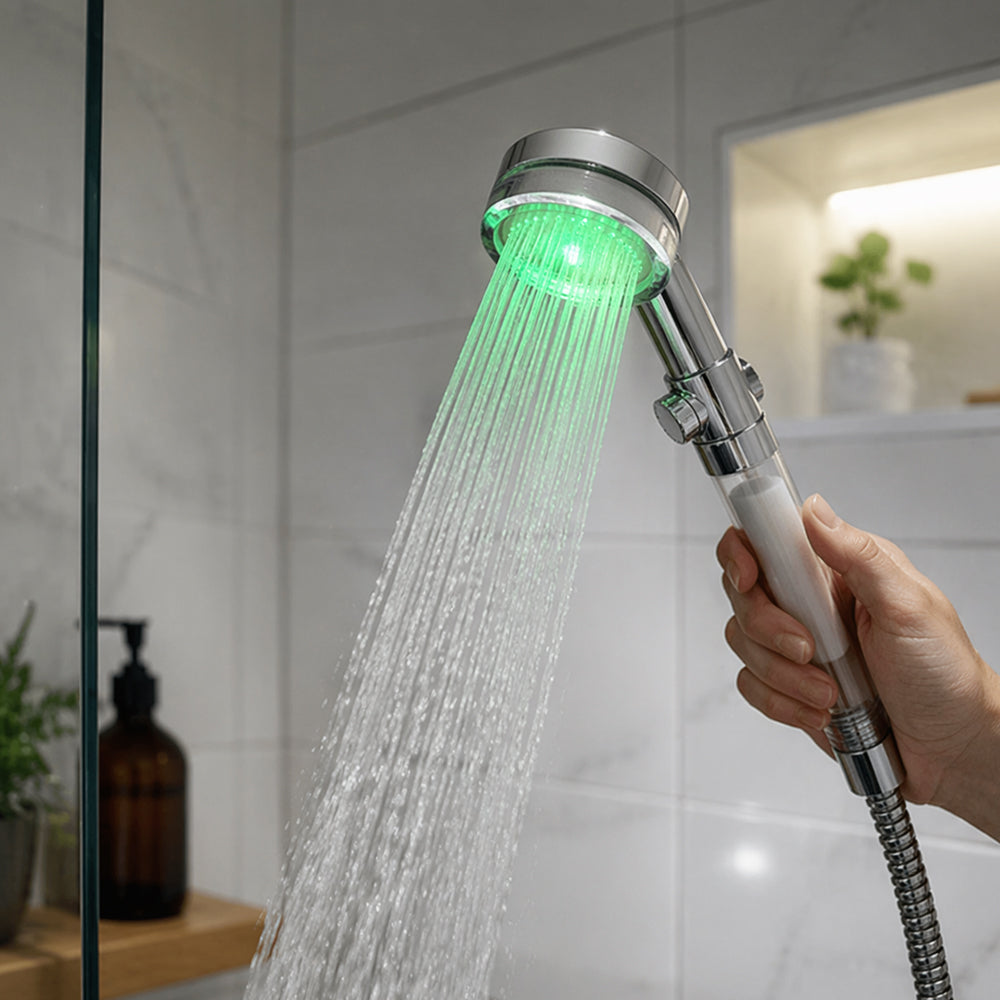 Vattenbesparande duschhuvud med temperaturreglering färgglatt LED-ljus