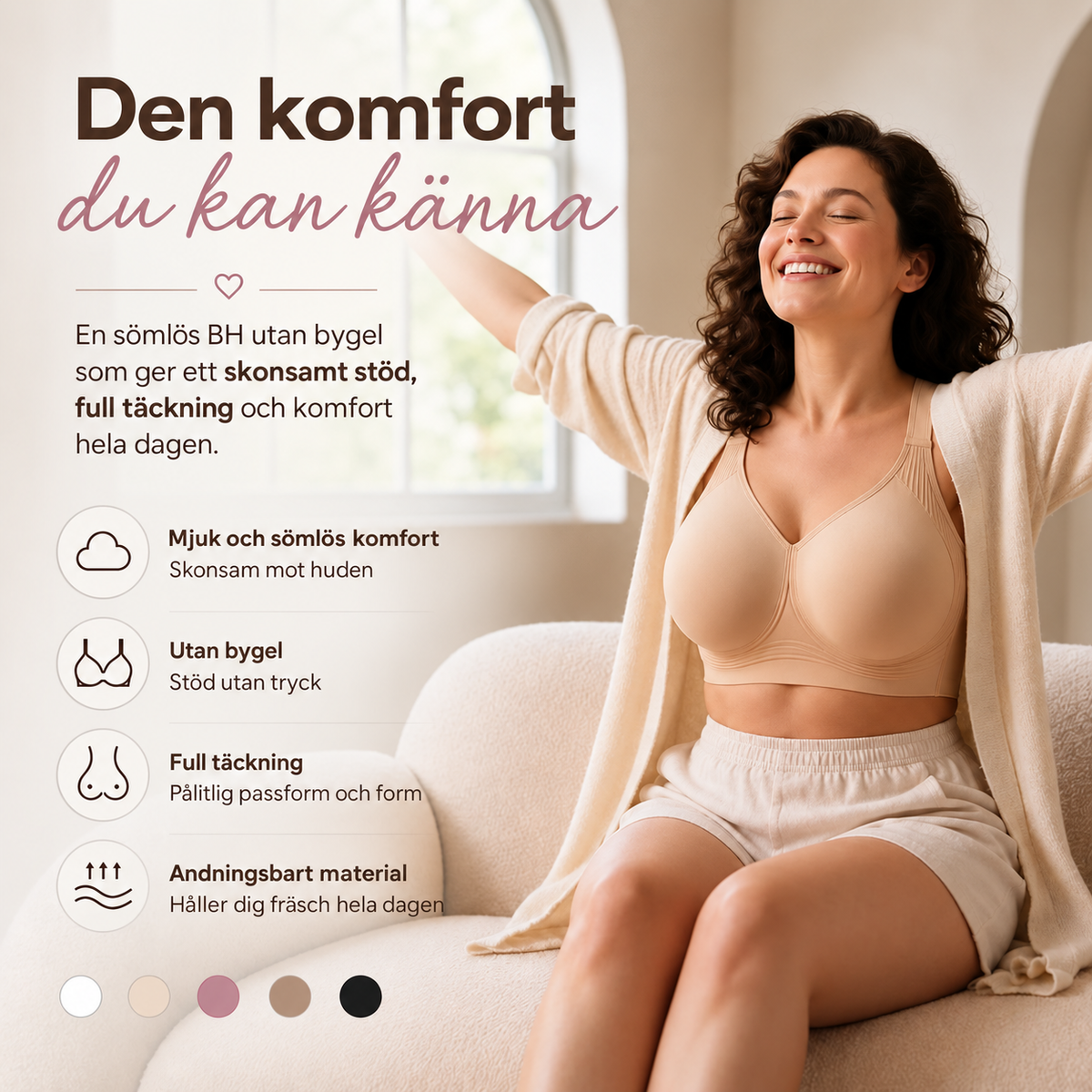 Sömlös bh med lätt stöd, 3-pack – utan byglar, svart, vit och beige