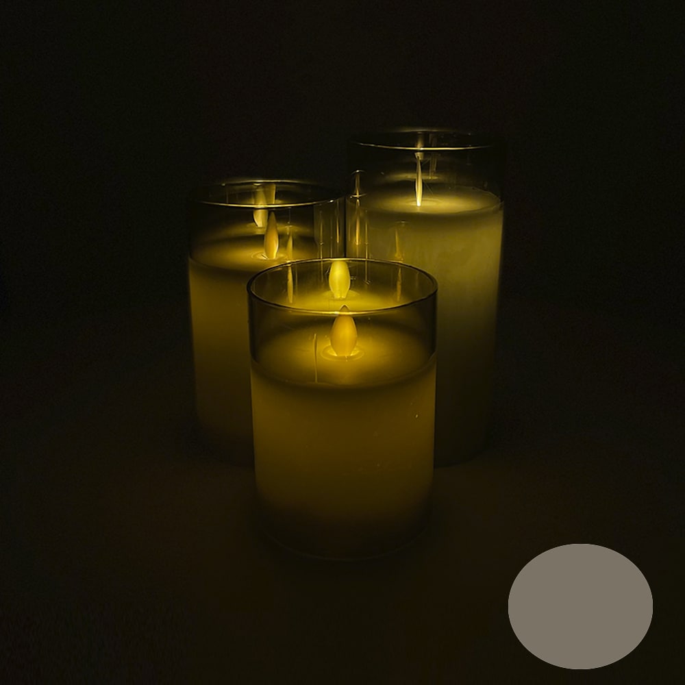 LED-ljus i glas - 3 st. - 12/15/17 cm - med 3D-låga - (flera färger)