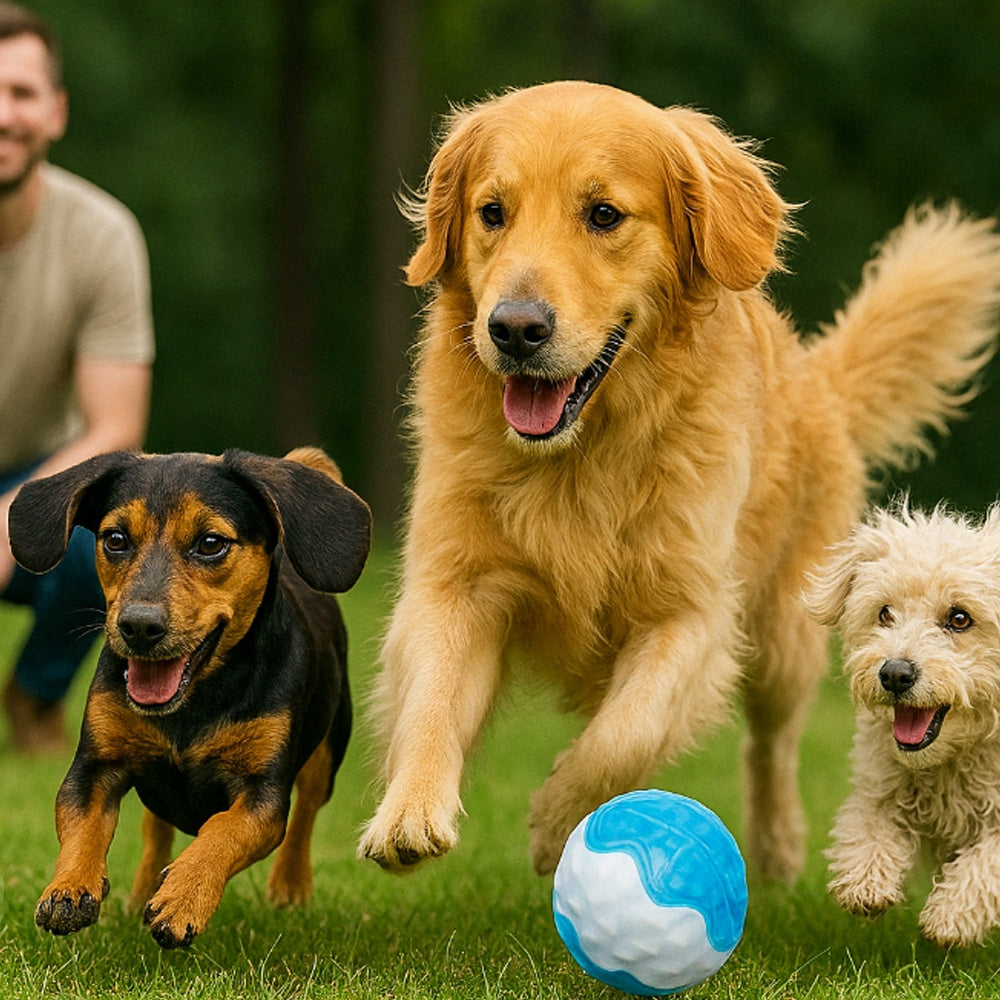 Elastisk hundboll, orange eller blå – rolig och tuggvänlig boll för aktiva hundar