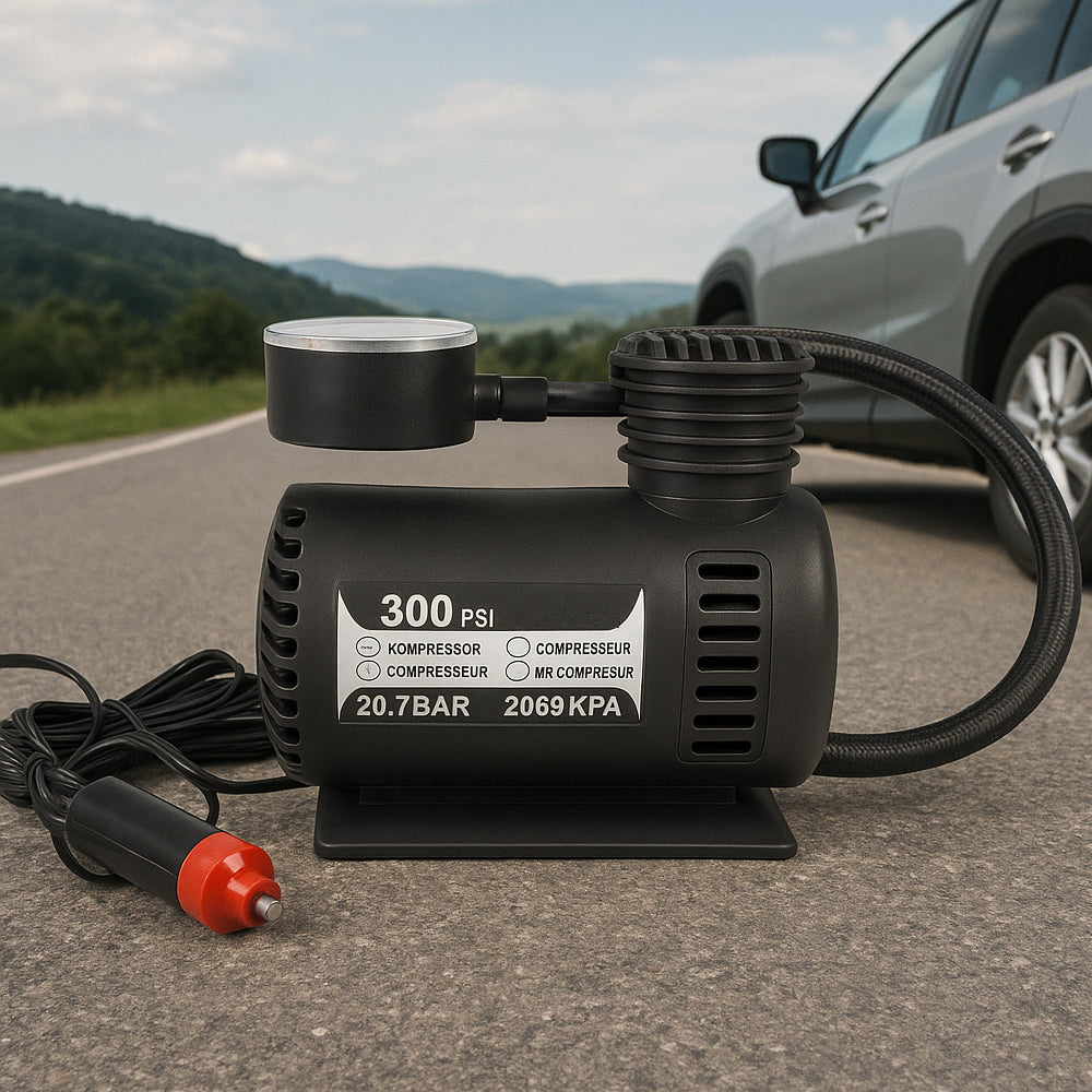 Kraftfull 300 PSI (20,7 bar) 12-voltskompressor – perfekt för bil, cykel, boll m.m.