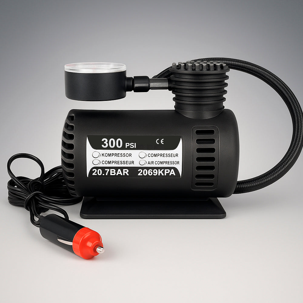 Kraftfull 300 PSI (20,7 bar) 12-voltskompressor – perfekt för bil, cykel, boll m.m.