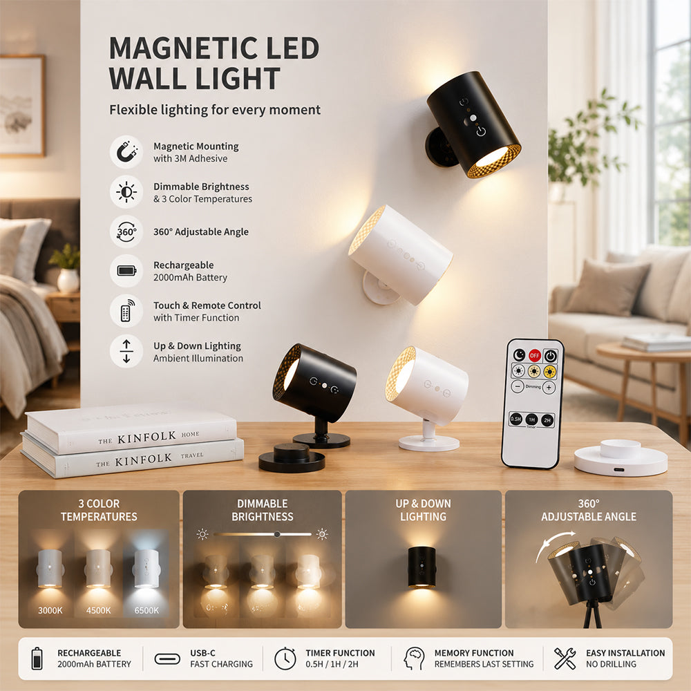LED-nattlampa 360° roterbar, magnetisk, 3 färgtemperaturer – vit eller svart