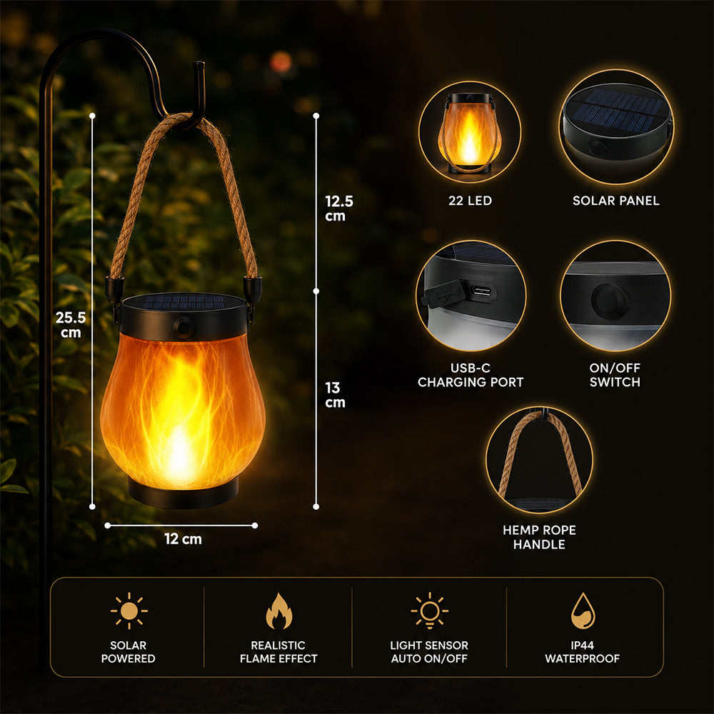 Solcellslykta Ø12 cm med flameffekt-ljus och hamparep