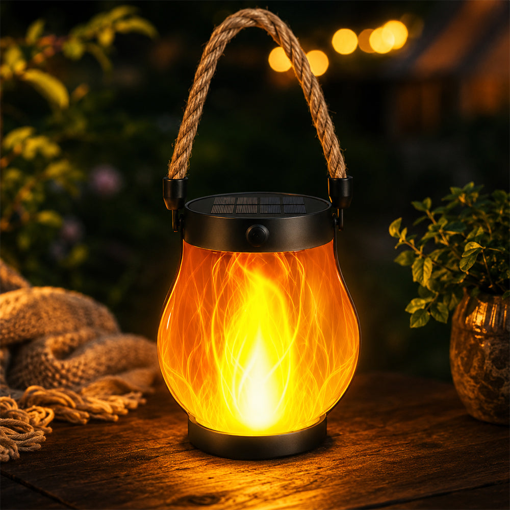 Solcellslykta Ø12 cm med flameffekt-ljus och hamparep