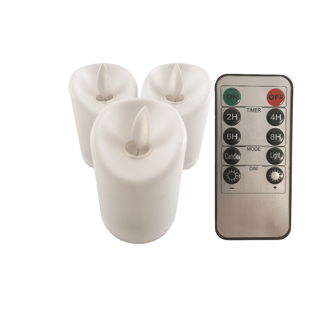 LED-ljus i plast - 3 st. - 7 cm - m/ 3D-låga och fjärrkontroll - vit