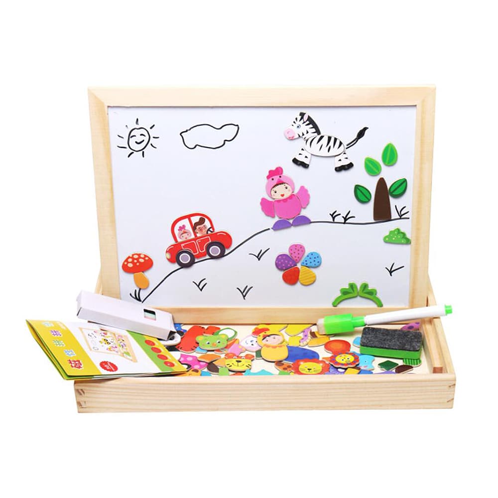 Magnetisk tavla av trä med whiteboard och krittavla
