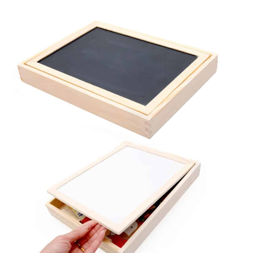 Magnetisk tavla av trä med whiteboard och krittavla