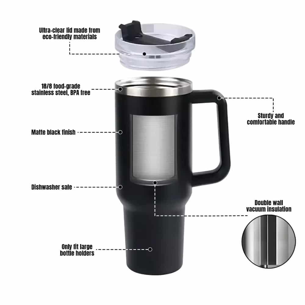 Tumbler termomugg 1200 ml med handtag, lock och sugrör