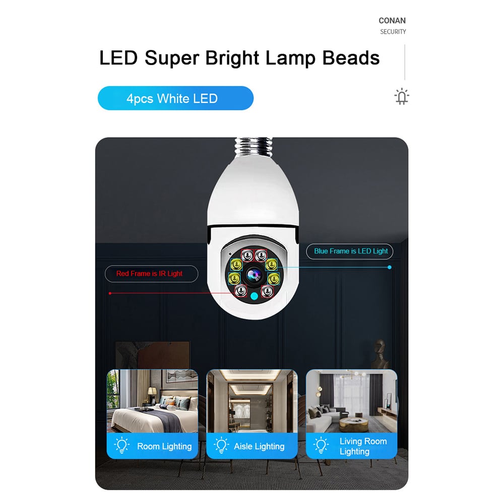 360° WiFi IP Kamera med Lutningsfunktion, Mörkerseende, Rörelsedetektering, 2-vägs ljud och LED-Ljus